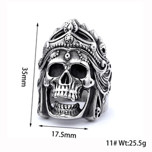 Detailed size chart of punk skull ring with crown relief showing 35mm height and 25.5g weight