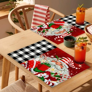 Close-up of heat-resistant Christmas placemats with Santa and buffalo plaid on a wooden table