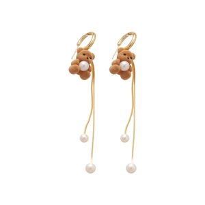 Gold hoop earrings with brown flocked teddy bear, pearls and long tassels chains