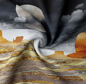 Detail of artistic landscape tapestry featuring desert rocks and moon with twill texture