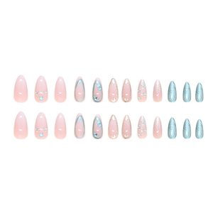 Pink and blue press-on nail set with rhinestones and 3D textures in almond shape