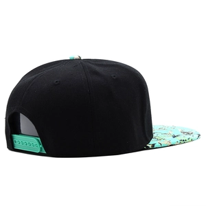 Detail of adjustable snapback closure and floral print brim on black flat peak cap