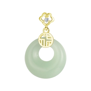 Detail of gold floral pendant with Fu character and translucent green jade ring