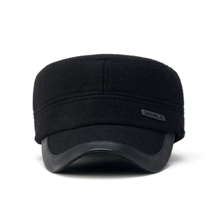 Men's wool winter military cap with leather brim and side logo detail in black