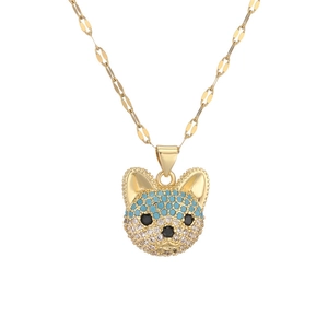 Gold puppy dog pendant necklace with blue and white crystals on a dainty link chain