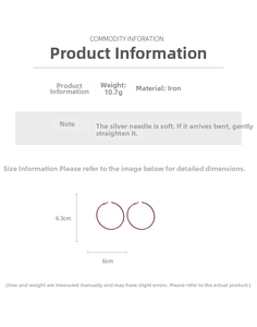 Detailed specs of red hoop earrings with silver pins, weighing 10.7g and 6cm diameter