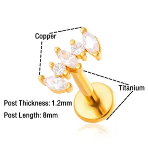 F136 titanium labret stud with copper zircon diamond cluster for ear and lip piercing