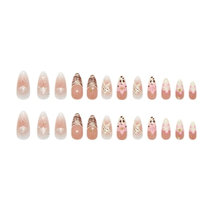 French press-on nails with 3D starfish, pearls, and floral designs on 24 almond nail tips