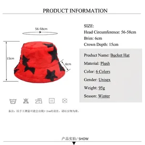 Winter faux rabbit fur bucket hat with star pattern, size 56-58cm, soft plush finish
