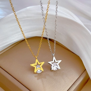 Minimalist titanium steel pentagram necklaces with zircons in gold and silver finishes