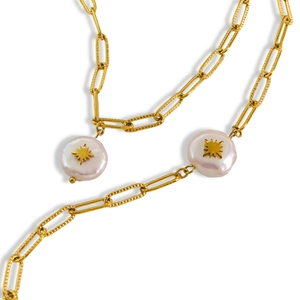Baroque pearl jewelry set with starburst charm on 14K gold paperclip link chain necklace