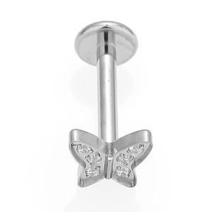 Close-up of G23 titanium butterfly cartilage stud with sparkling cubic zirconia gems