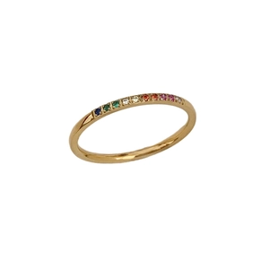 Minimalist 18k gold plated titanium steel ring with rainbow zircon stones in row