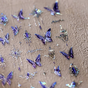 3D butterfly nail stickers with purple gold foil and laser holographic floral patterns