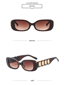 Detailed front and side view of square brown tea sunglasses with gemstone accents