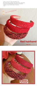 Close-up of three vintage red tweed sponge headbands with diverse textured patterns