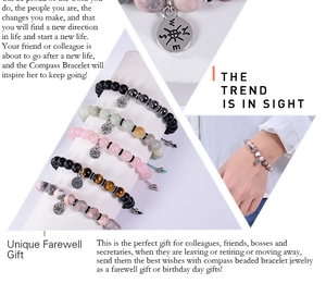 Detail of pink zebra stone compass bracelets in various colors with bead textures