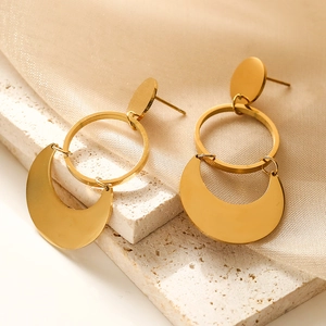 Irregular geometric gold titanium steel earrings with hoop and crescent moon pendant
