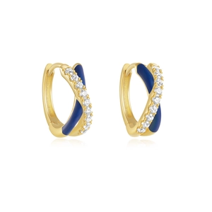 Detail of gold hoop earrings with blue enamel overlay and shimmering zircon stones
