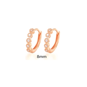 Detailed view of 8mm rose gold S925 sterling silver hoop earrings with clear crystals