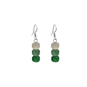 New Chinese style vintage earrings with white and dark green jade-like beads and silver hooks