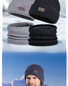 Close-up of winter knit hat and neck warmer set with thick plush fleece lining detail