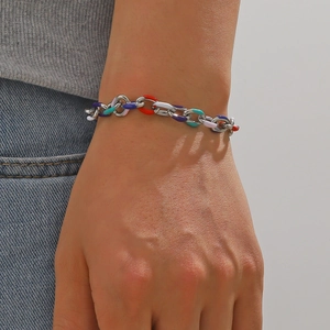 Minimalist stainless steel chain bracelet with colorful enamel details on wrist