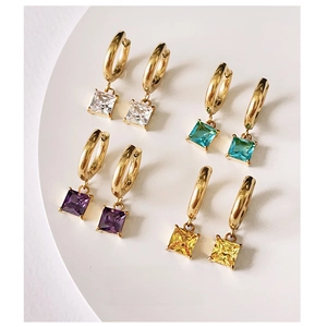 Square Zircon Pendant Hoop Earrings 18K Gold Plated Titanium Steel Colorful Cubic Zirconia For Women Elegant Ins Style