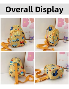 Four-angle view of kids yellow cartoon car chest bag showing front, side and back details