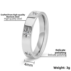 Detailed macro view of 4mm titanium steel ring with sparkling star-set zircon stones