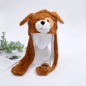 Cute plush brown dog hat with moving ears and long earflaps for kids winter gift