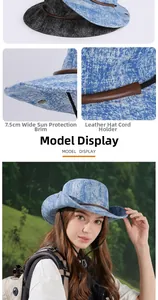 Detail of 7.5cm wide brim denim sun hat with leather adjustable cord toggle