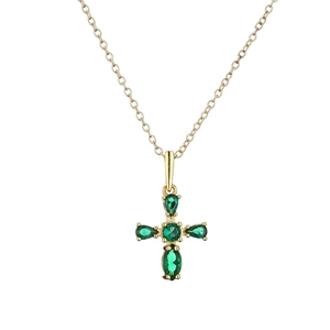 Collier croix dorée avec zircons verts en goutte et cristaux brillants pour femme