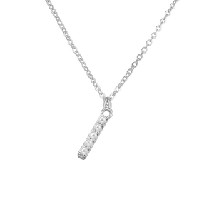 Macro view of silver necklace showing five vertical pearls and polished metal chain detail