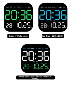 Macro shot of LED digital clock display showing date, week, temperature, and color modes