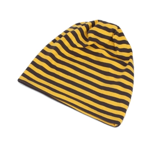 Close-up of yellow and dark brown striped knit beanie hat with soft cotton texture