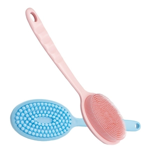 Double-sided silicone bath brush with long handle in pink and blue for body massage