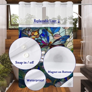 Detail of waterproof shower curtain with snap-in liner and weighted magnetic bottom