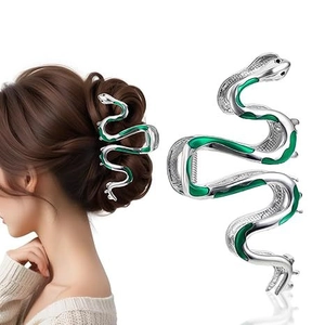 Snake Shaped Hair Claw Clip Alloy Metal Green Enamel Large Shark Clip For Women Elegant Punk Style Hair Accessories