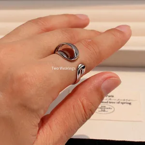 Minimalist irregular double-layer open ring with a polished fluid silver-plated finish