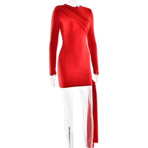 Detailed view of red long sleeve bodycon dress with side ribbon and elegant pleats