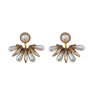 Vintage gold fan-shaped drop earrings with white pearls and sparkling crystals