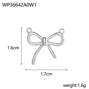 Detail view of silver bow pendant showing dimensions 1.6cm by 1.7cm and weight 1.6g