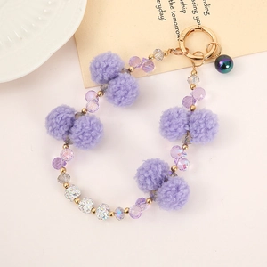 Plush purple pompom and crystal beaded keychain charm for bags and phone straps