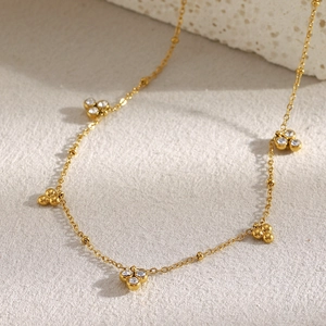18K gold plated stainless steel bead chain necklace with three zircon accents for women