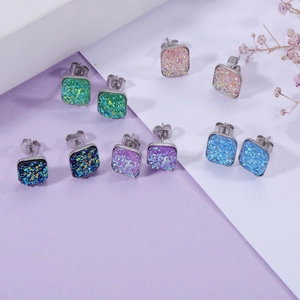 Sparkling square stud earrings set with colorful crystals and rhinestones for women