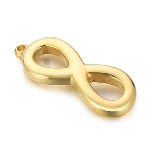 Polished golden stainless steel infinity symbol pendant for jewelry making on white background