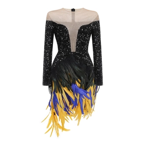 Detail of sequin embroidery and colorful feather hem on black long sleeve dress