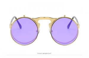 Front view of steampunk flip-up sunglasses with gold metal frame and purple lenses