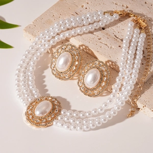 French Palace Style Jewelry Necklace And Earrings With Imitation Artificial Pearl Rhinestone Alloy Silver Earring Post For Women